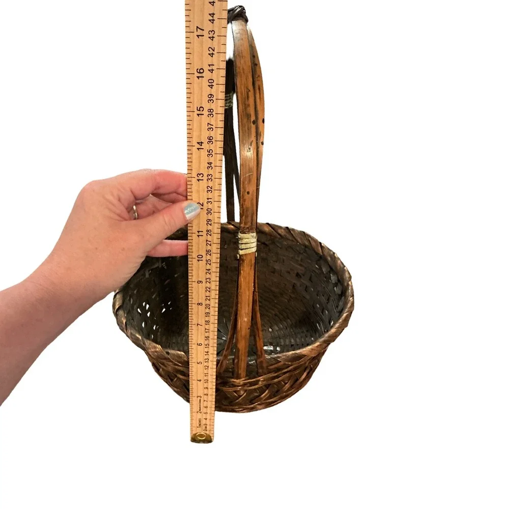 Vintage Dark Brown Wicker Gathering Basket Tall Handle Farmhouse Decor 10.5in